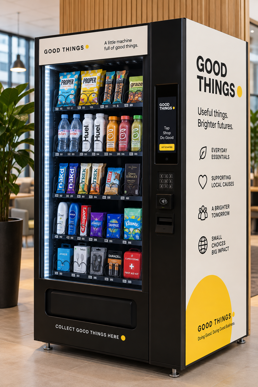 A Good Things vending machine in a bright modern lobby