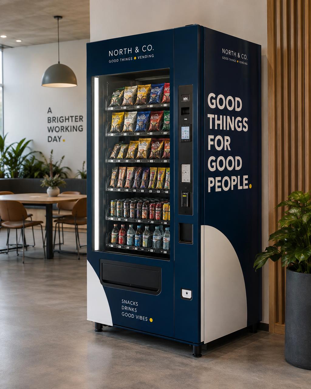 Illustrative concept of a custom-wrapped Good Things machine in an office